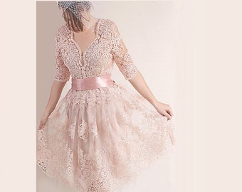 Blush Pink Lace Wedding Dress: Short Bridal Gown with Sleeves