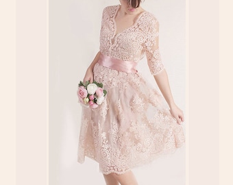 Plus Size Lace short dress / blush pink wedding party gown / bridal gown dress with sleeves /romantic dress/beach wedding