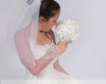 Bridal tulle cover up, blush pink stretchy tulle  with beautiful lace cuffs wedding bolero