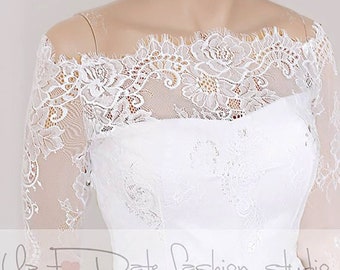 Boléro de mariage off-shoulder, couverture nuptiale de dentelle vers le haut, haussement d’épaules nuptial, veste à manches longues, enveloppement, haussement d’épaules, topper de dentelle