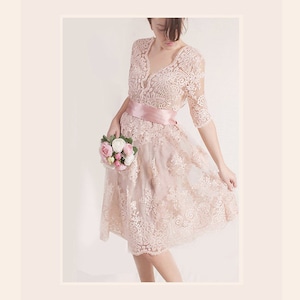 Plus Size Lace Short Dress / Blush Pink Wedding Party Gown