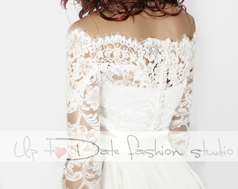 Bridal Off-Shoulder lace cover up , lace wedding jacket custom made with long sleeve, lace shrug