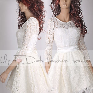 Lace bridesmaid dress, short wedding party dress , cocktail dress, ivory romantic dress, wedding party dress with sleeve
