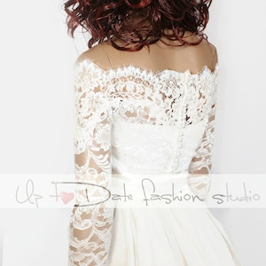 Bridal Off-Shoulder lace cover up , lace wedding jacket custom made with long sleeve, lace shrug