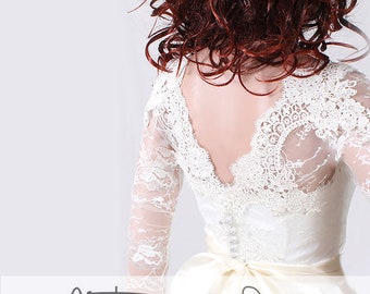 Plus Size Wedding lace bolero , wedding topper deep-v in back with long sleeve