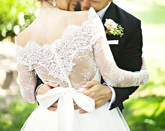 Off Shoulder wedding lace bolero, custom color bridal jacket, lace shrug with sleeve, lace wrap