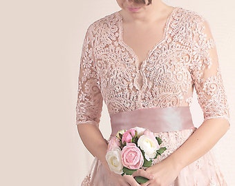 Vestido de novia de encaje rosa ruborizado con mangas, talla grande