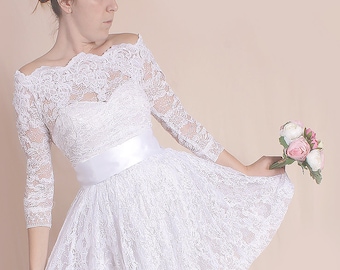 Off-Shoulder Lace Wedding Dress, Short Bridal Gown with Sleeves