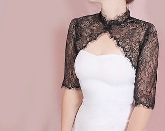 Plus size black lace jacket , wedding lace cover up  with 3/4-sleeve wedding accessories