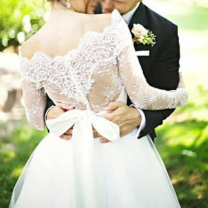 Off Shoulder wedding lace bolero, custom color bridal jacket, lace shrug with sleeve, lace wrap