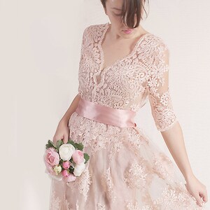 Plus Size Lace short dress / blush pink wedding party gown / bridal gown dress with sleeves /romantic dress/beach wedding image 2