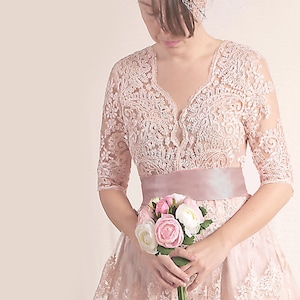 Plus Size Lace short dress / blush pink wedding party gown / bridal gown dress with sleeves /romantic dress/beach wedding image 3