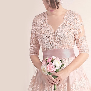 Blush pink lace short wedding dress, custom made beach wedding bridal gown V front with sleeves image 3