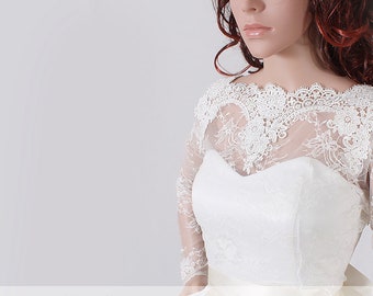 Plus Size Wedding lace bolero , wedding topper deep-v in back with long sleeve