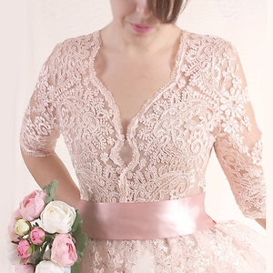 Blush pink lace short wedding dress, custom made beach wedding bridal gown V front with sleeves image 5