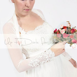 Wedding tulle ivory cover up, bridal bolero, wrap,  jacket long sleeves shrug stretchy tulle beautiful lace cuffs