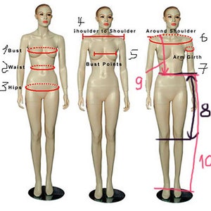 May include: Diagram showing how to measure different body parts for clothing. The diagram shows a mannequin with measurements labeled for bust, waist, hips, shoulder to shoulder, around shoulder, arm girth, and length.