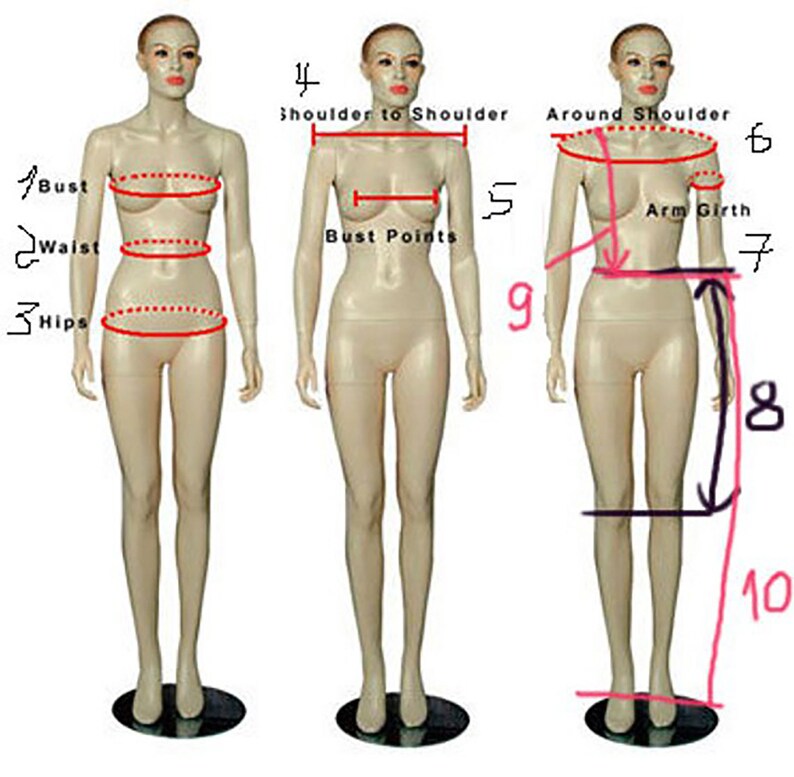 May include: Diagram showing how to measure different body parts for clothing. The diagram shows a mannequin with measurements labeled for bust, waist, hips, shoulder to shoulder, around shoulder, arm girth, and length.