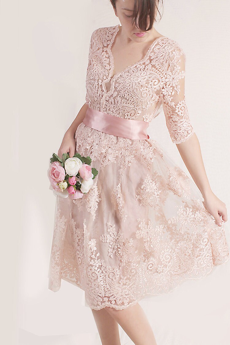 Blush Pink Lace Wedding Dress: Short Bridal Gown with Sleeves