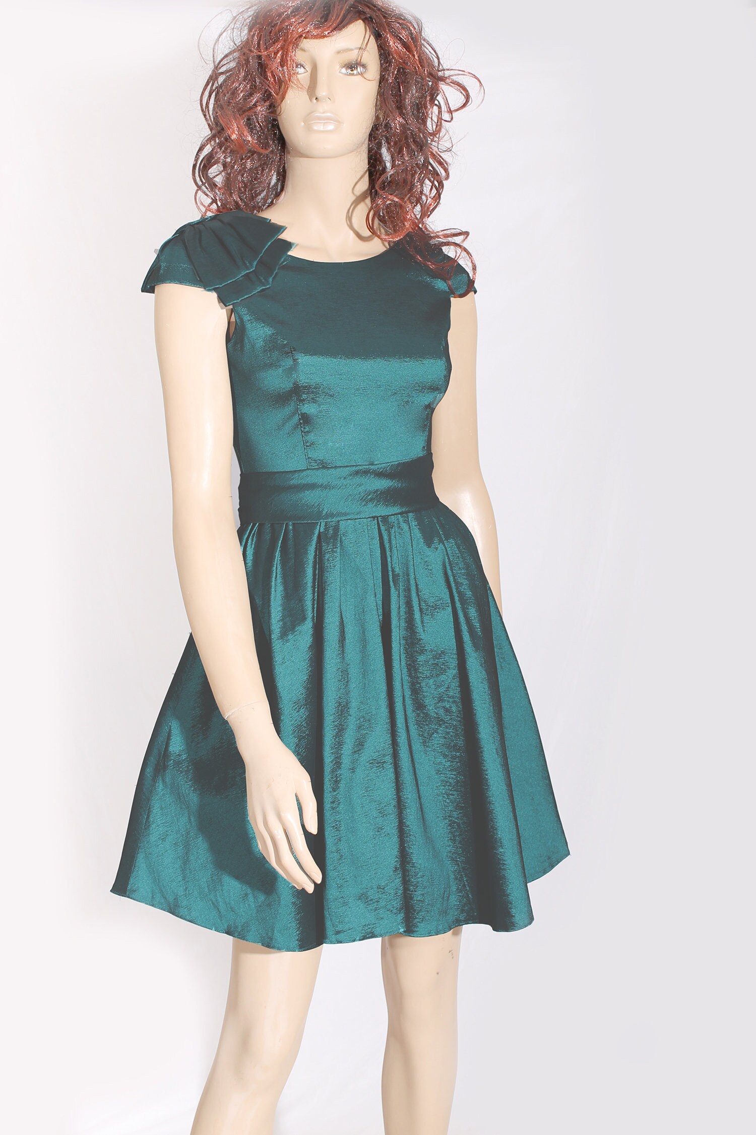 Short Sleeve Dark Teal Taffeta Dress, Portrait Neckline - Etsy Norway