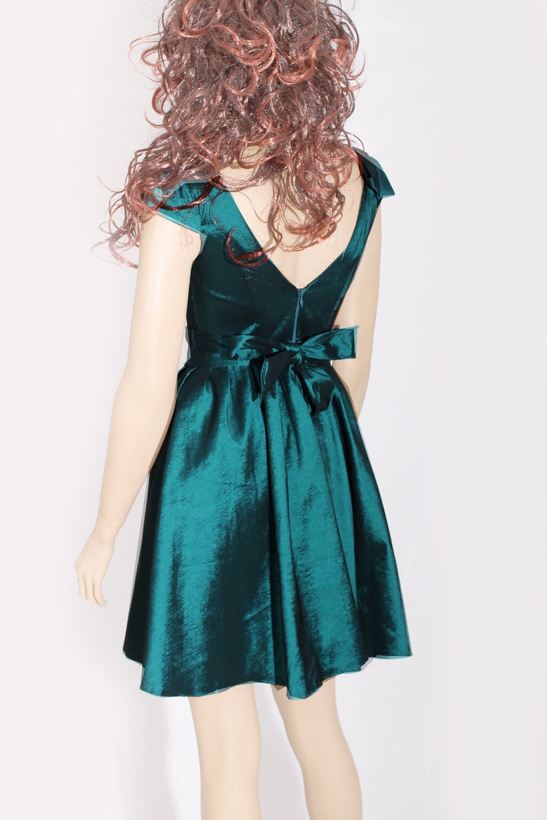 graduation evening dress with short sleeve party formal prom Plus Size short Bridesmaid Dark Teal taffeta