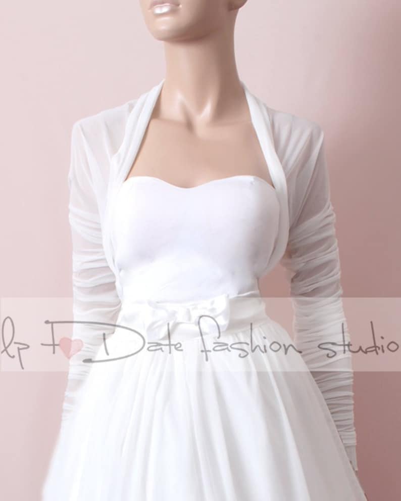 Custom color wedding bolero, bridal stretchy tulle long sleeve cover up image 3
