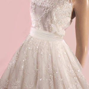 Short wedding dress with embroidered with delicate beads and sequins, ivory color, custom made bridal gown