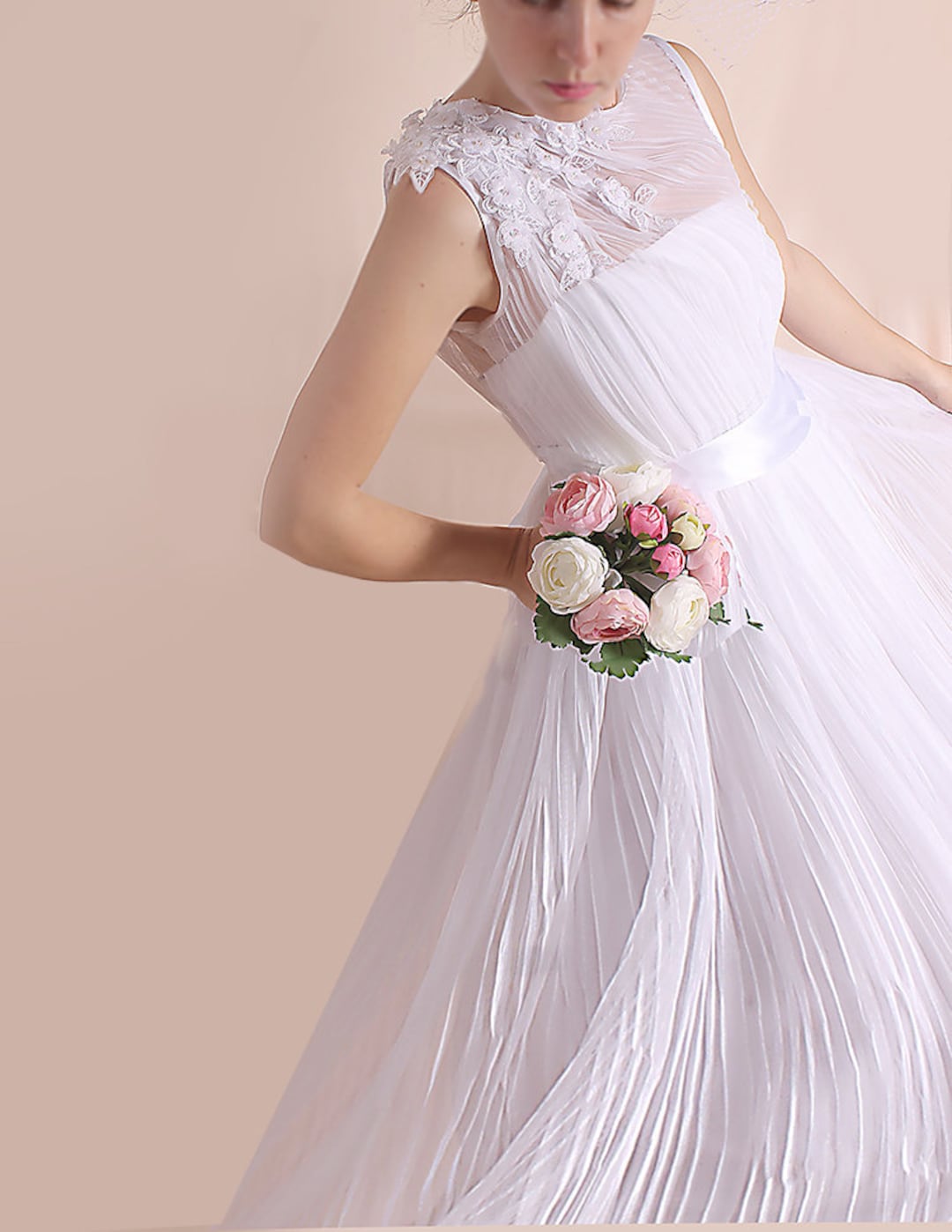 Floral Lace Applique A-Line Wedding Dress: Draped Tulle Bridal Gown Floral Lace Applique A-Line Wedding Dress: Draped Tulle Bridal Gown