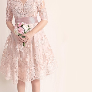 Plus Size Lace short dress / blush pink wedding party gown / bridal gown dress with sleeves /romantic dress/beach wedding image 5