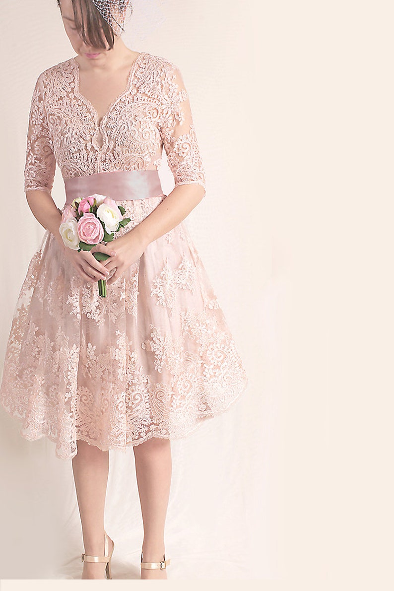 Plus Size Lace short dress / blush pink wedding party gown / bridal gown dress with sleeves /romantic dress/beach wedding image 5