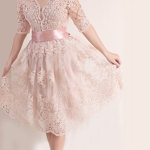 Plus Size Lace short dress / blush pink wedding party gown / bridal gown dress with sleeves /romantic dress/beach wedding image 6