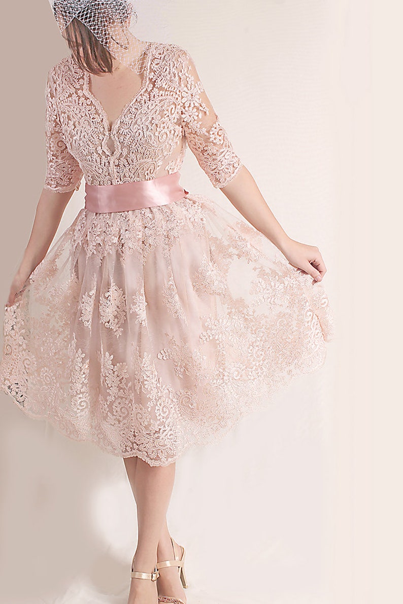 Plus Size Lace short dress / blush pink wedding party gown / bridal gown dress with sleeves /romantic dress/beach wedding image 6