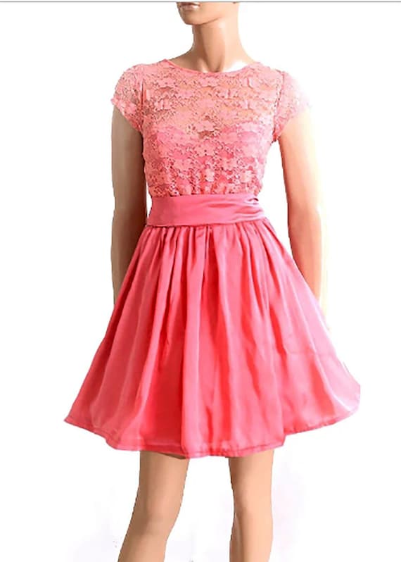 Coral Lace Bridesmaid Dress: Short Satin Party Dress Coral Lace Bridesmaid Dress: Short Satin Party Dress