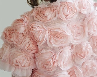 Light coral  coral pink color bridal cover up , shrug  with 3 d chiffon rouse flowers, short sleeve wedding bolero