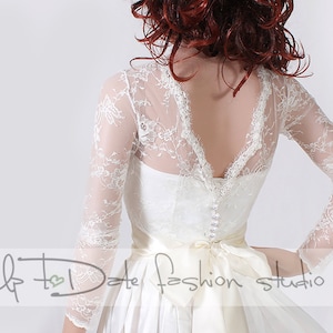 Plus Size Wedding lace top , bridal lace deep-v in back bolero long sleeve