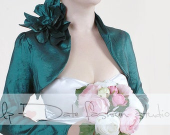 Dark emerald green wedding jacket, taffeta bolero with handmade flowers, wedding accessories