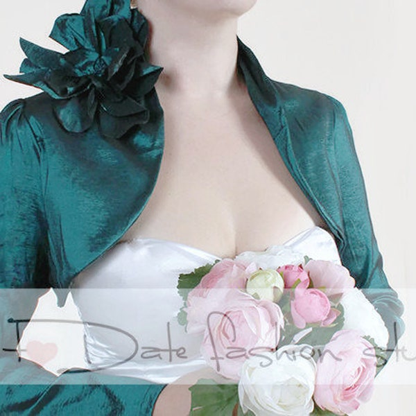 Giacca da sposa verde smeraldo scuro, bolero in taffetà con fiori fatti a mano, accessori da sposa