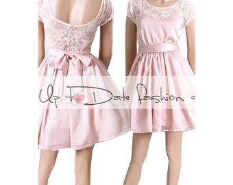 Plus size women party dress , pale pink short cocktail dress , lace  satin dress short sleeve