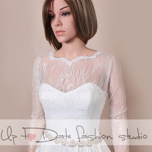 Wedding lace top, plus size wedding jacket, shrug, wedding bolero, with deep-v in back, cover up, topper, long sleeve