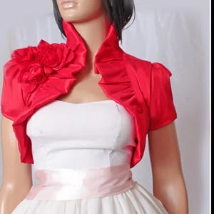 Bridal taffeta cover up, CORAL RED wedding bolero, shrug custom color, wrap, wedding jacket, bridesmaid cover up, handmade flowers
