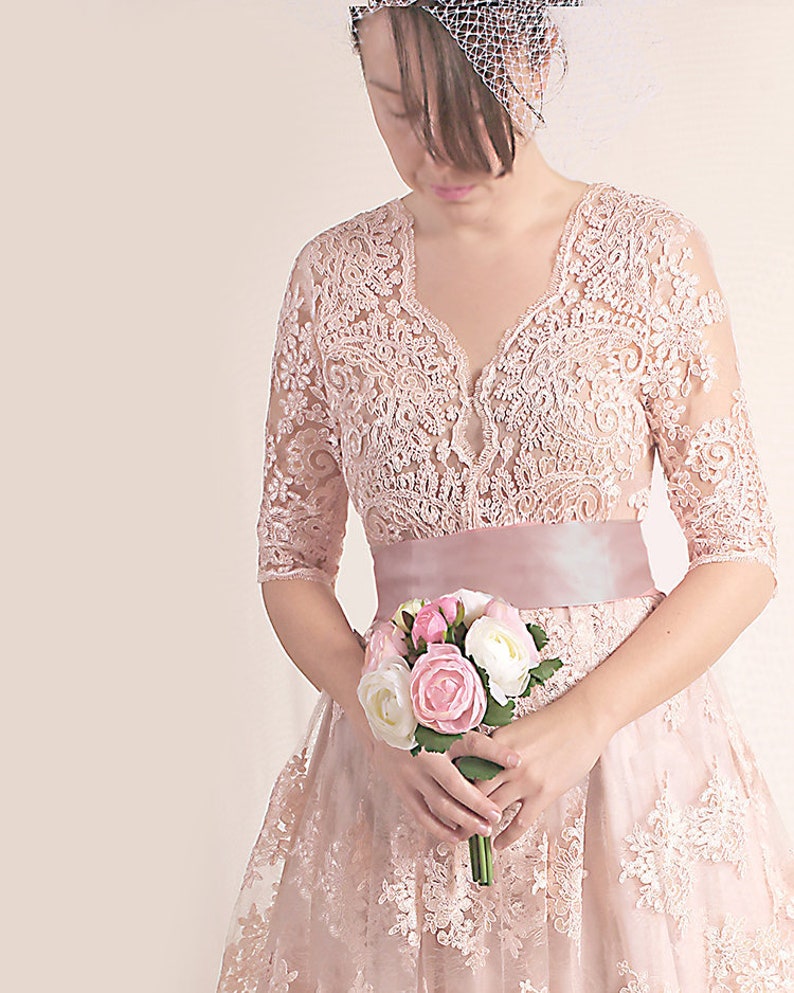 Blush pink lace short wedding dress, custom made beach wedding bridal gown V front with sleeves image 3