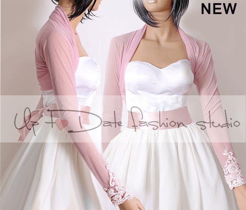 Bridal tulle blush pink bolero, jacket, custom color long sleeves wedding bolero, cover up image 1