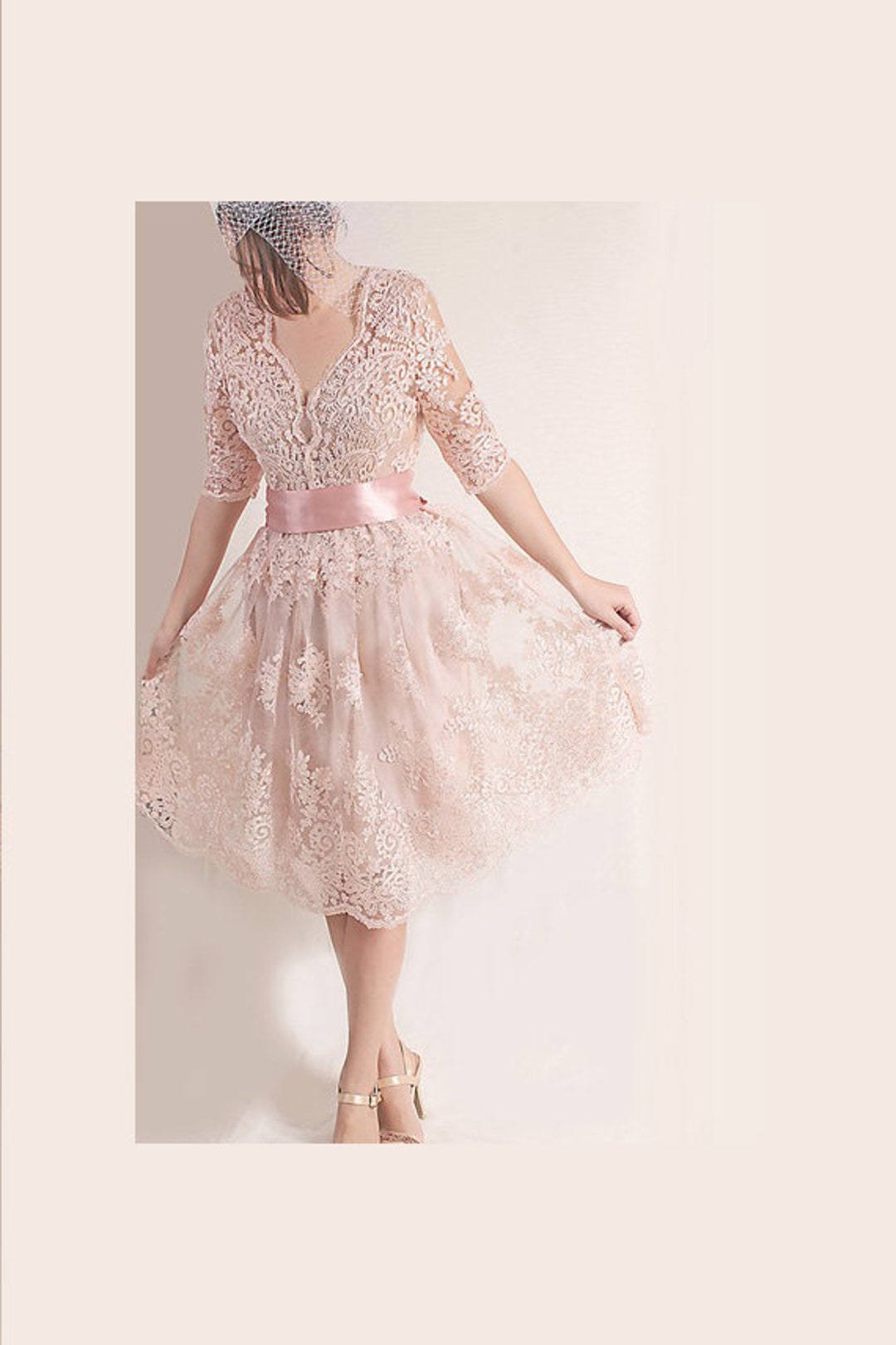 Blush Pink Lace Wedding Dress: Short Bridal Gown with Sleeves Blush Pink Lace Wedding Dress: Short Bridal Gown with Sleeves