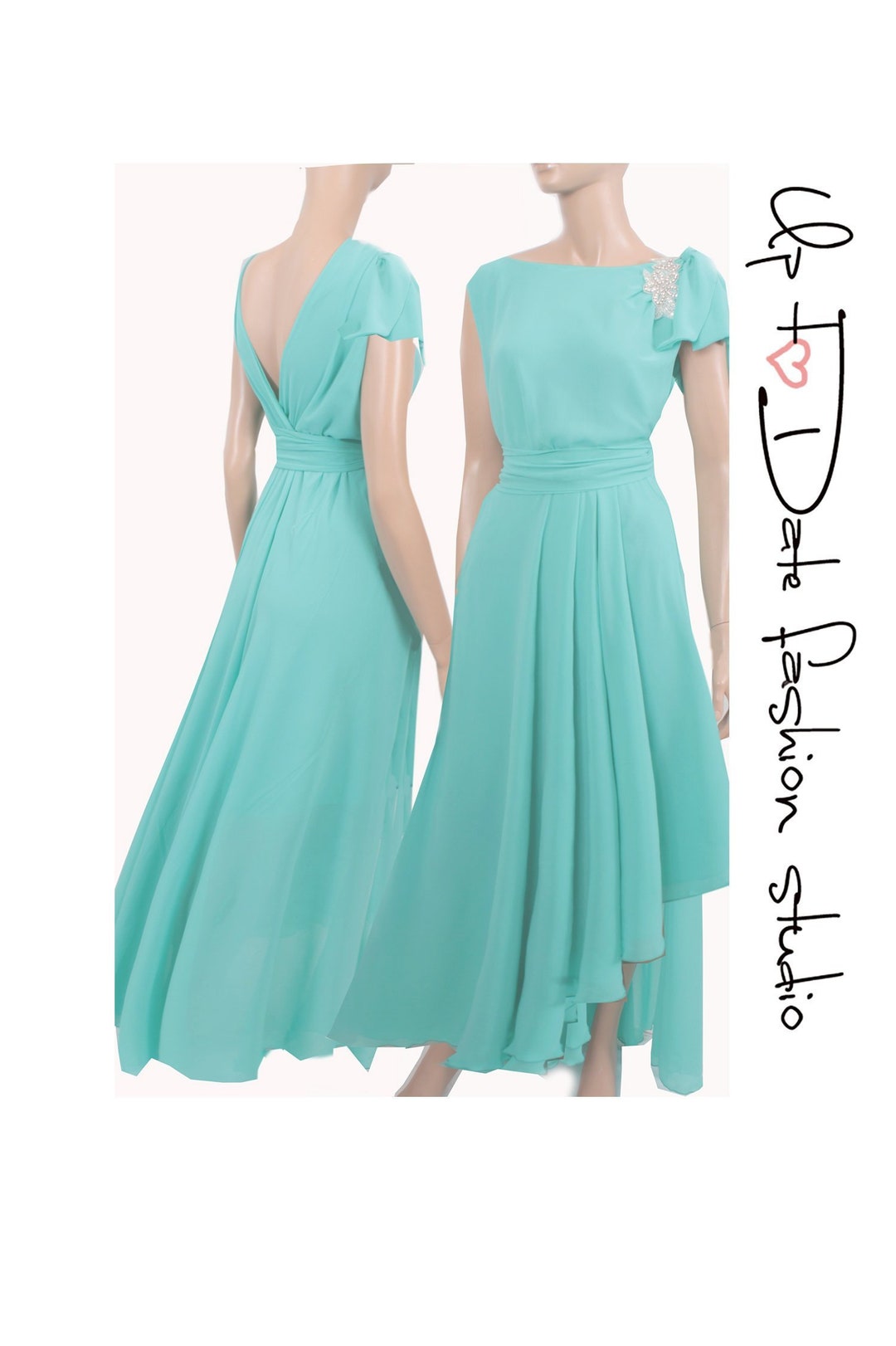 V-neck Chiffon Maxi Bridesmaid Dresses Turquoise Plus Size