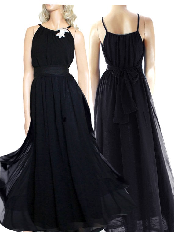 Black Chiffon Bridesmaid Dress Wedding Party Floor Length Etsy