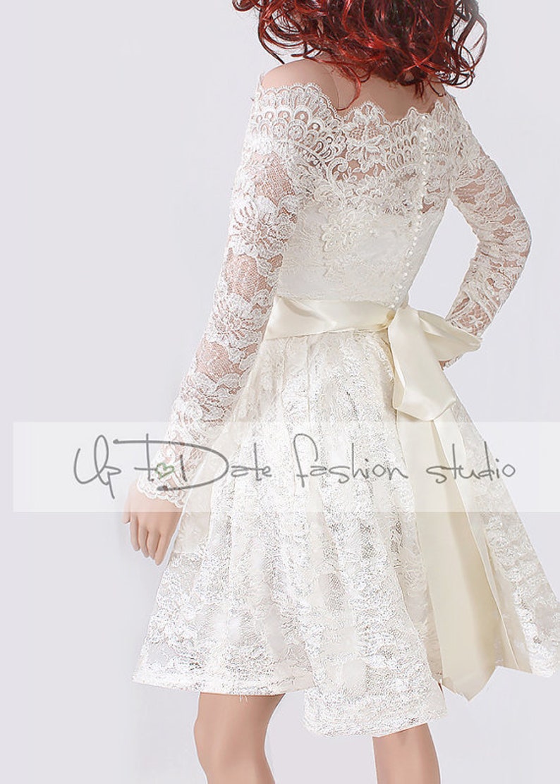 Off-Shoulder lace bridal gown / short wedding dress / ivory reception dress / beach wedding / romantic 3/4 Sleeves/ivory color 