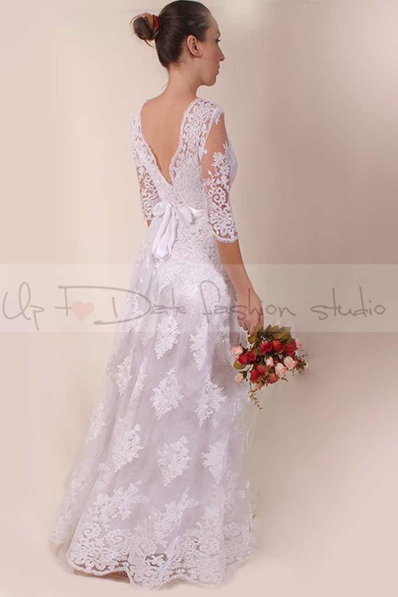 Floor length lace bridal gown with sleeve custom color | Etsy