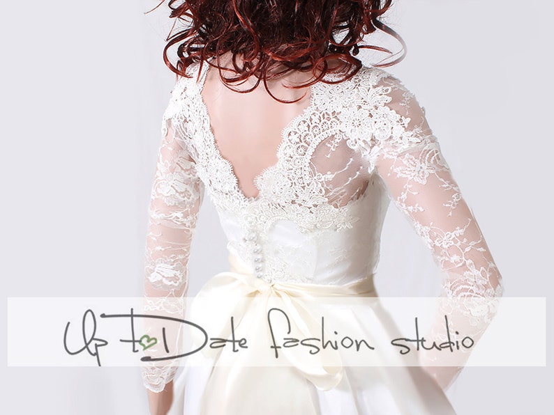 Plus Size Wedding lace bolero , wedding topper deep-v in back with long shops sleeve