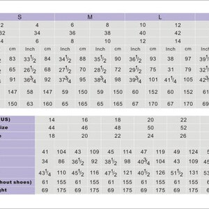 May include: Size chart for clothing with measurements in inches and centimeters. The chart includes standard sizes and plus sizes. The chart shows bust, waist, hips, hollow to floor (without shoes), and net height measurements.