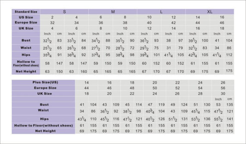 May include: Size chart for clothing with measurements in inches and centimeters. The chart includes standard sizes and plus sizes. The chart shows bust, waist, hips, hollow to floor (without shoes), and net height measurements.